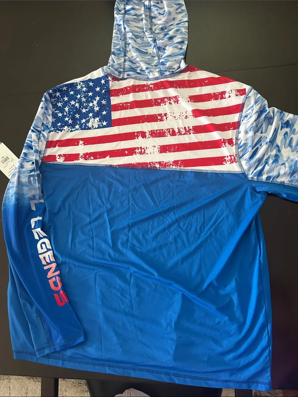 Reel Legends Men's Blue Ombre Camo Hooded Rash Guard with Red Accent